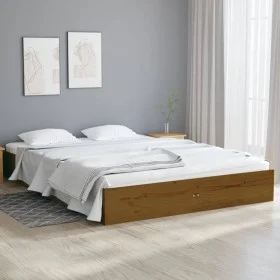 Honey brown solid wood double bed frame 135x190 cm by vidaXL, Beds and slatted bases - Ref: Foro24-820080, Price: 139,40 €, D...