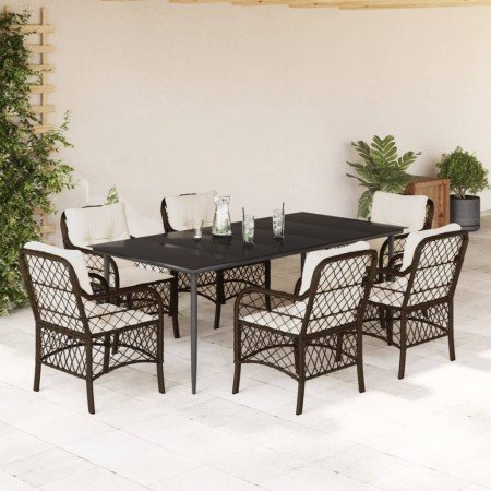 Set comedor de jardín 7 pzas con cojines ratán sintético marrón