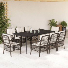 Set comedor para jardín 9 pzas y cojines ratán sintético marrón