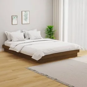 Honey brown solid wood double bed frame 135x190 cm by vidaXL, Beds and slatted bases - Ref: Foro24-819950, Price: 171,36 €, D...