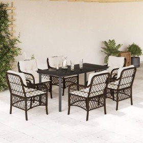 Set comedor de jardín 7 pzas con cojines ratán sintético marrón Set comedor de jardín 7 pzas con cojines ratán sintético marrón