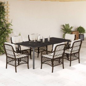 Set comedor de jardín 7 pzas con cojines ratán sintético marrón