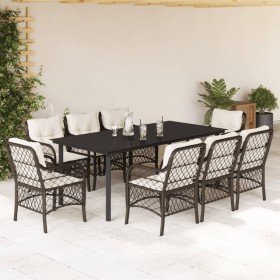 Set comedor para jardín 9 pzas y cojines ratán sintético marrón