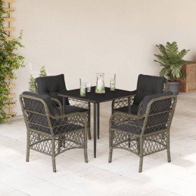 Set comedor de jardín 5 piezas con cojines ratán sintético gris
