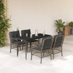 Set comedor de jardín 5 piezas con cojines ratán sintético gris