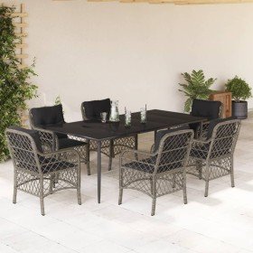 Set comedor jardín 7 pzas y cojines ratán sintético gris