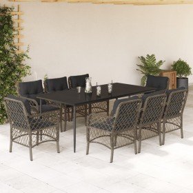 Set comedor jardín 9 pzas y cojines ratán sintético gris