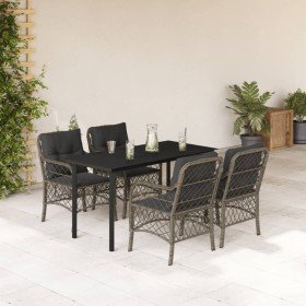 Set comedor de jardín 5 piezas con cojines ratán sintético gris