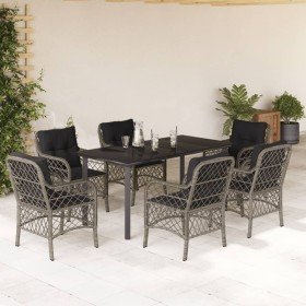 Set comedor jardín 7 pzas y cojines ratán sintético gris