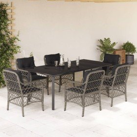 Set comedor jardín 7 pzas y cojines ratán sintético gris