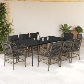 Set comedor jardín 9 pzas y cojines ratán sintético gris