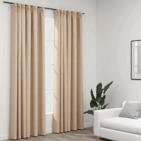 Cortinas opacas con ganchos look de lino 2 pzas beige 140x245cm