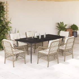 Set comedor de jardín 7 pzas con cojines ratán sintético beige