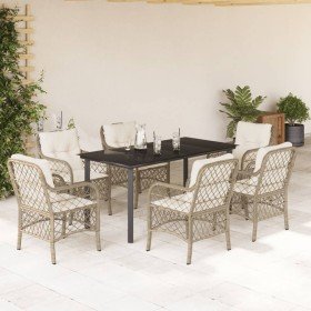 Set comedor de jardín 7 pzas con cojines ratán sintético beige