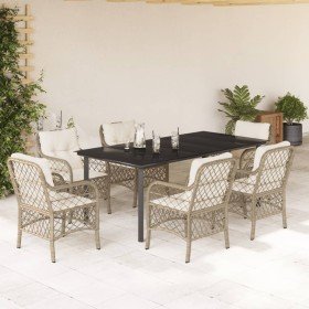 Set comedor de jardín 7 pzas con cojines ratán sintético beige