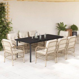 Set comedor de jardín 9 pzas con cojines ratán sintético beige en Conjuntos de jardín | Comprar online en Foro24