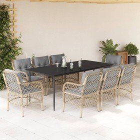 Set comedor de jardín 9 pzas con cojines ratán sintético beige