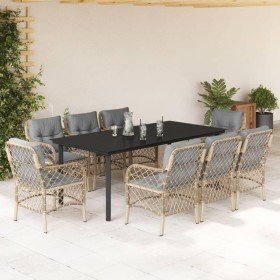 Set comedor de jardín 9 pzas con cojines ratán sintético beige