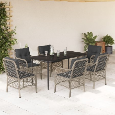 Set comedor jardín 7 pzas y cojines ratán sintético gris claro