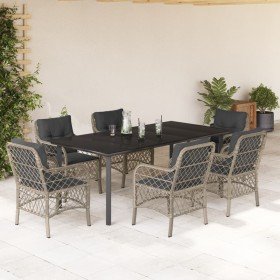 Set comedor jardín 7 pzas y cojines ratán sintético gris claro
