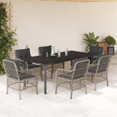 Set comedor jardín 7 pzas y cojines ratán sintético gris claro