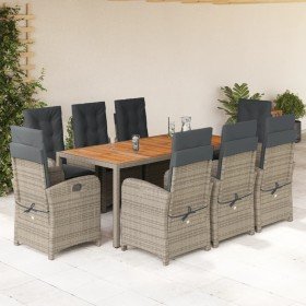 Set comedor jardín 9 pzas y cojines ratán sintético gris