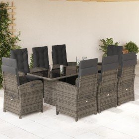 Set comedor jardín 9 pzas y cojines ratán sintético gris