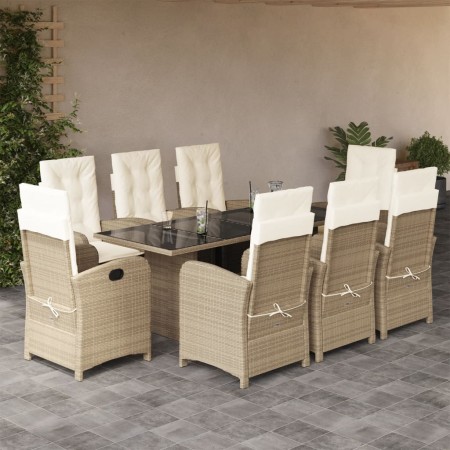 Set comedor de jardín 9 pzas con cojines ratán sintético beige
