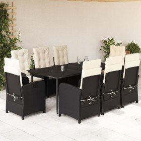 Set de comedor de jardín 9 pzas y cojines ratán sintético negro