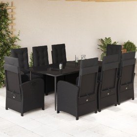 Set de comedor de jardín 9 pzas y cojines ratán sintético negro