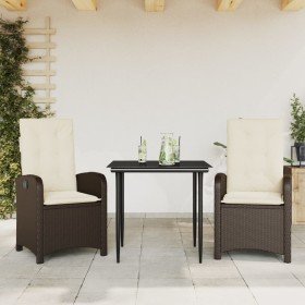 Set comedor de jardín 3 piezas y cojines ratán sintético marrón