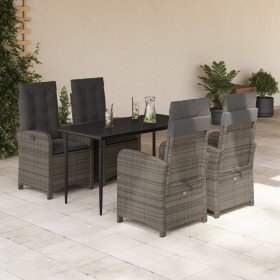 Set comedor de jardín 5 piezas con cojines ratán sintético gris
