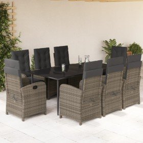 Set comedor jardín 9 pzas y cojines ratán sintético gris