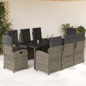 Set comedor jardín 9 pzas y cojines ratán sintético gris