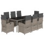 Set comedor jardín 9 pzas y cojines ratán sintético gris