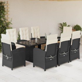 Set de comedor de jardín 9 pzas y cojines ratán sintético negro