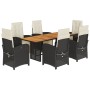 Set de comedor de jardín 7 pzas y cojines ratán sintético negro