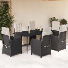 Set de comedor de jardín 7 pzas y cojines ratán sintético negro
