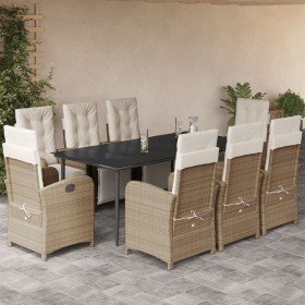 Set comedor de jardín 9 pzas con cojines ratán sintético beige