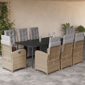 Set comedor de jardín 9 pzas con cojines ratán sintético beige