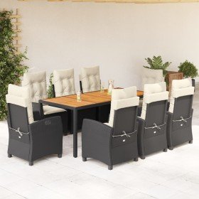 Set de comedor de jardín 9 pzas y cojines ratán sintético negro