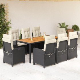 Set de comedor de jardín 9 pzas y cojines ratán sintético negro