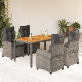 Set comedor de jardín 5 piezas con cojines ratán sintético gris