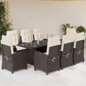 Set comedor para jardín 9 pzas y cojines ratán sintético marrón