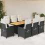 Set de comedor de jardín 9 pzas y cojines ratán sintético negro
