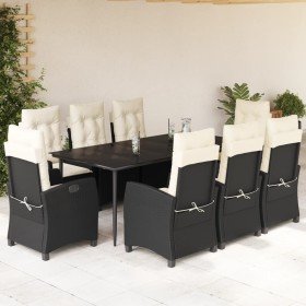 Set de comedor de jardín 9 pzas y cojines ratán sintético negro