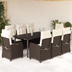 Set comedor para jardín 9 pzas y cojines ratán sintético marrón