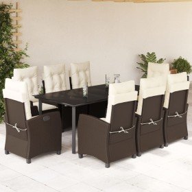 Set comedor para jardín 9 pzas y cojines ratán sintético marrón