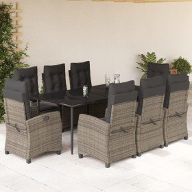Set comedor jardín 9 pzas y cojines ratán sintético gris