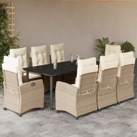 Set comedor de jardín 9 pzas con cojines ratán sintético beige